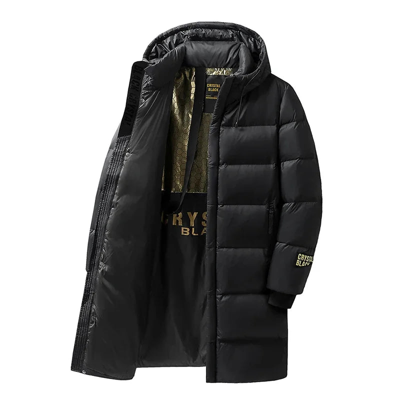 Langer Steppmantel mit Kapuze für Herren, Schwarz, Winter, Gefüttert