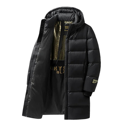Langer Steppmantel mit Kapuze für Herren, Schwarz, Winter, Gefüttert
