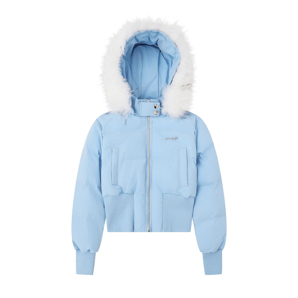Damen Steppjacke Kurz Kunstpelz Kapuze Schwarz Hellblau
