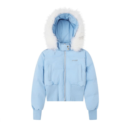 Damen Steppjacke Kurz Kunstpelz Kapuze Schwarz Hellblau