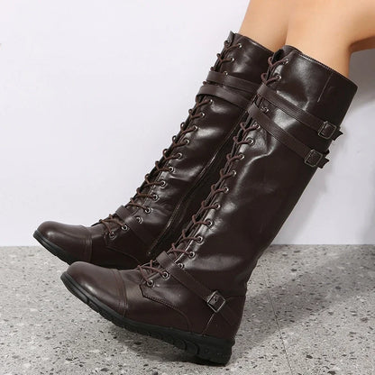 Damen Schnürstiefel mit Schnallen und Reißverschluss, Kniehoch, Braun