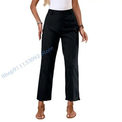 Damen Freizeithose mit hohem Bund und Fransen Saum