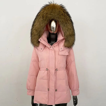 Damen Winter Parka mit Kapuze und Fellkragen Tunnelzug Weiß