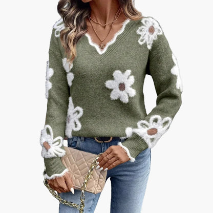 Damen Strickpullover mit Blumenmuster und V-Ausschnitt – Modischer Freizeit-Sweater