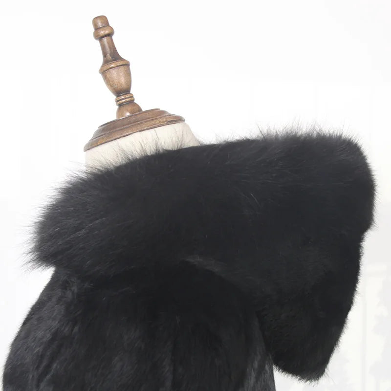 Damen Langer Mantel Schwarz mit Kapuze und Fellbesatz