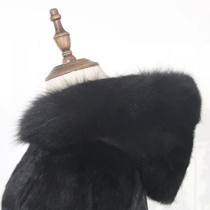 Damen Langer Mantel Schwarz mit Kapuze und Fellbesatz