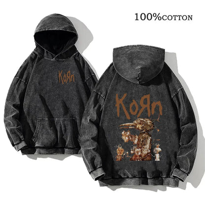 Unisex Kapuzenpullover Grau verwaschen mit Band-Print Vorn & Hinten