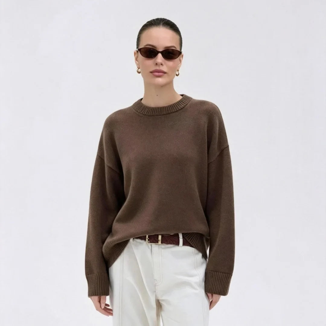 Damen Oversize Rundhals Pullover Langarm Basic Strickpullover