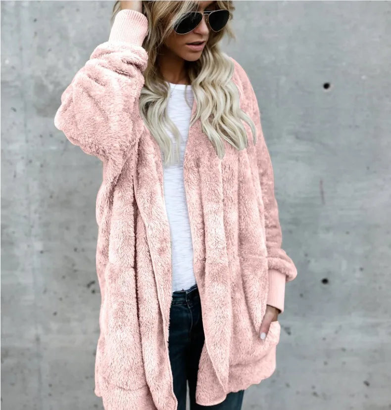Damen Kuscheliger Teddyfell Cardigan Langarm Offene Vorderseite