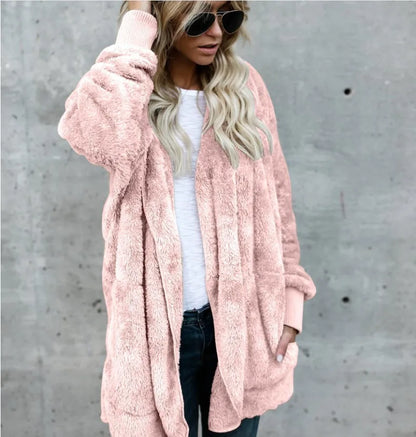 Damen Kuscheliger Teddyfell Cardigan Langarm Offene Vorderseite