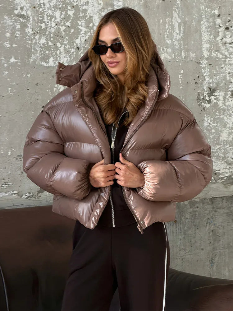 Kurze Pufferjacke Glänzend mit Kapuze Damen Winterjacke