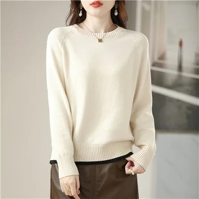 Damen Pullover Rundhals Langarm Strickpullover Einfarbig