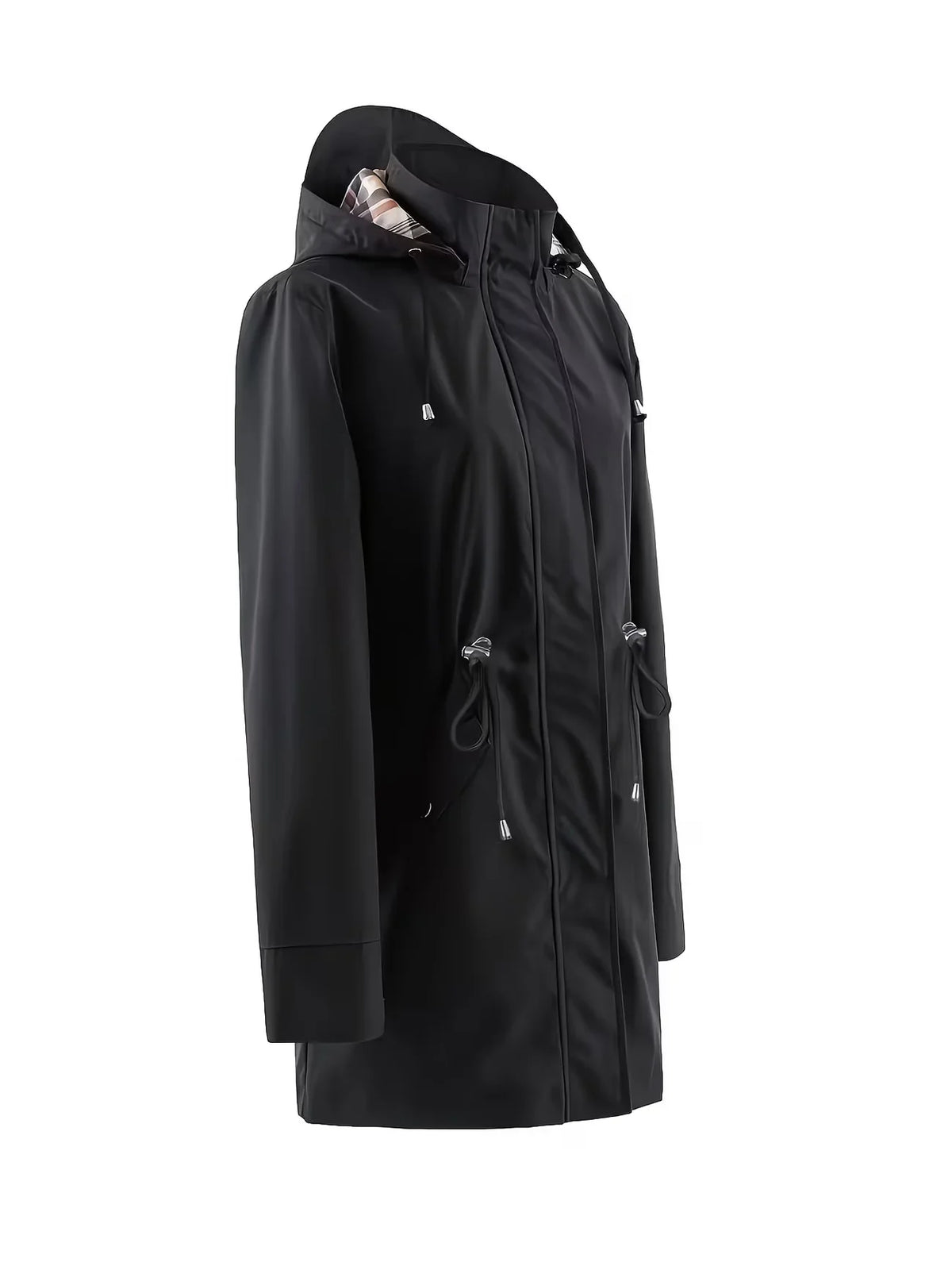 Schwarze Damen Regenjacke mit Kapuze und Karofutter