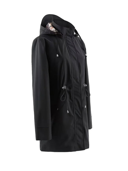Schwarze Damen Regenjacke mit Kapuze und Karofutter
