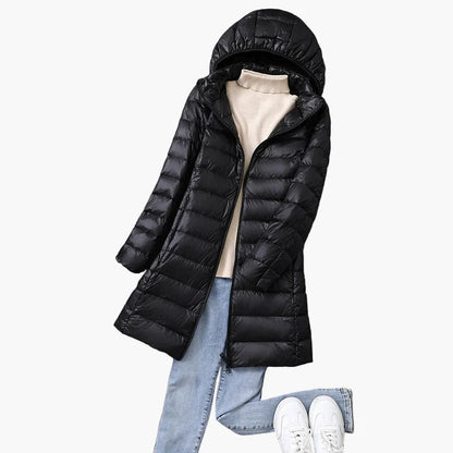 Damen Winter Steppmantel mit Kapuze – Leichter, langer Daunenmantel für Alltag & Outdoor