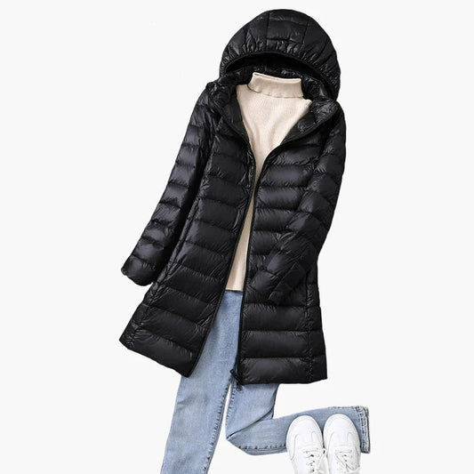 Damen Winter Steppmantel mit Kapuze – Leichter, langer Daunenmantel für Alltag & Outdoor