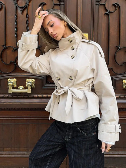 Damen Kurzjacke Trench-Stil Doppelreiher mit Bindegürtel Stehkragen