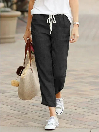 Damen Leinenhose mit Gummibund und Kordelzug, Cropped-Länge