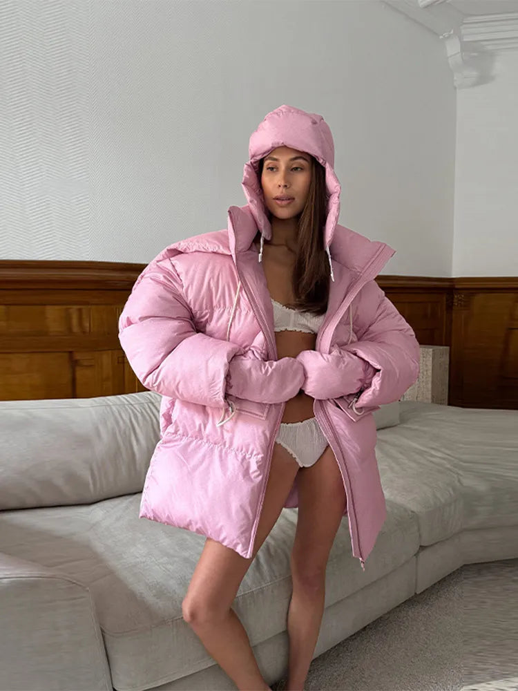 Damen Oversize Steppjacke Winterjacke mit Kapuze
