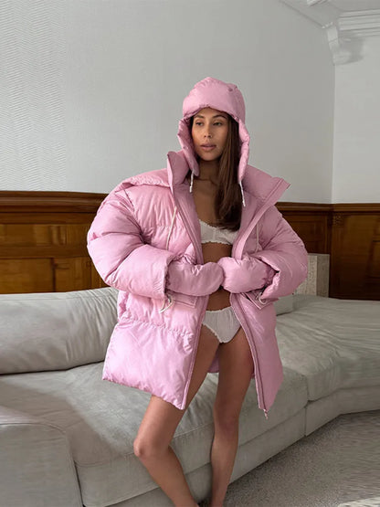 Damen Oversize Steppjacke Winterjacke mit Kapuze