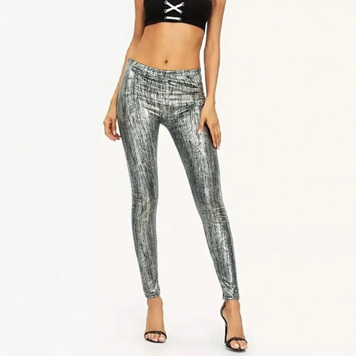 Damen Leggings Silber Glänzend Hochtailliert Skinny-Fit Hose