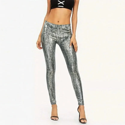 Damen Leggings Silber Glänzend Hochtailliert Skinny-Fit Hose