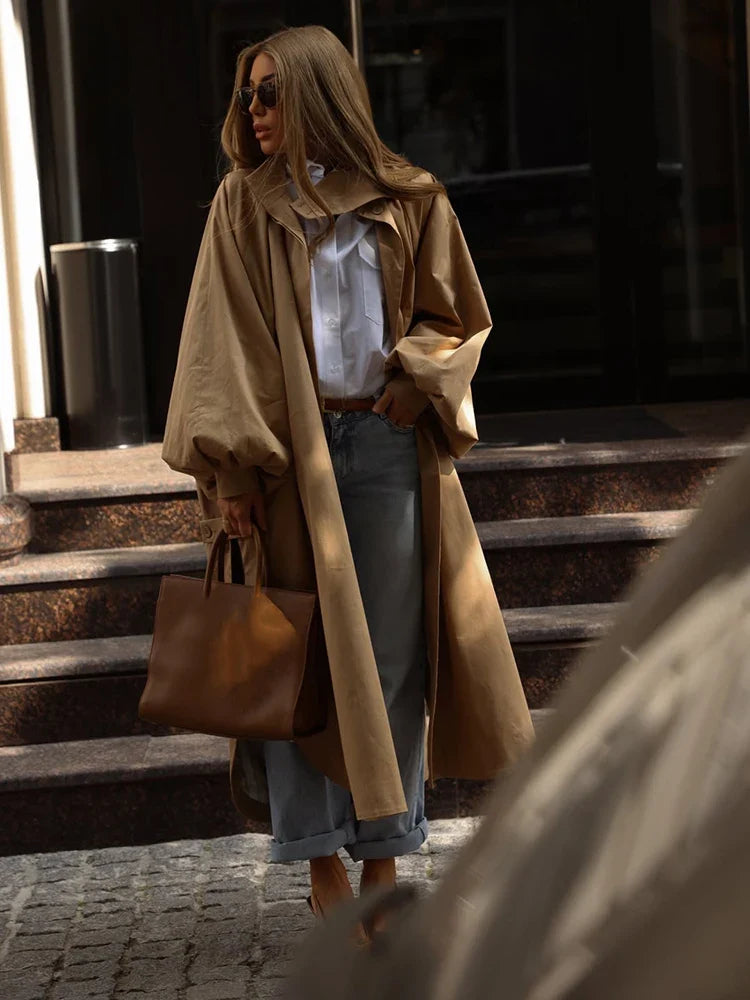 Damen Trenchcoat Lang Locker Weite Ärmel Stehkragen - Khaki