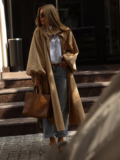 Damen Trenchcoat Lang Locker Weite Ärmel Stehkragen - Khaki