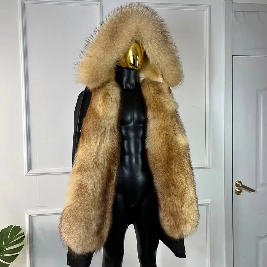Winterparka Herren Schwarz mit Brauner Kunstfellkapuze und Futter