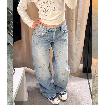 Damen Baggy Jeans mit weitem Bein, hellblau mit Sternenmuster