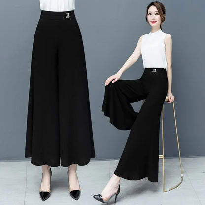 Damen Culottes Weite Hose Hoher Bund Schwarz mit Gürtel