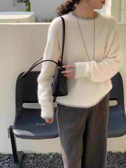 Damen Pullover Rundhals Langarm Strickpullover Weicher Stoff