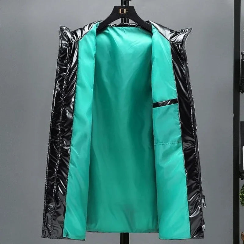 Unisex Langer Steppmantel Glänzend mit Kapuze