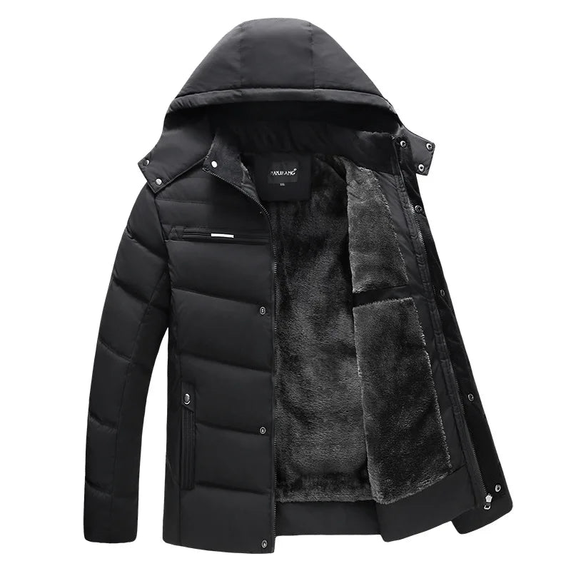 Herren Winterjacke mit Kapuze und Plüschfutter Gepolstert Schwarz