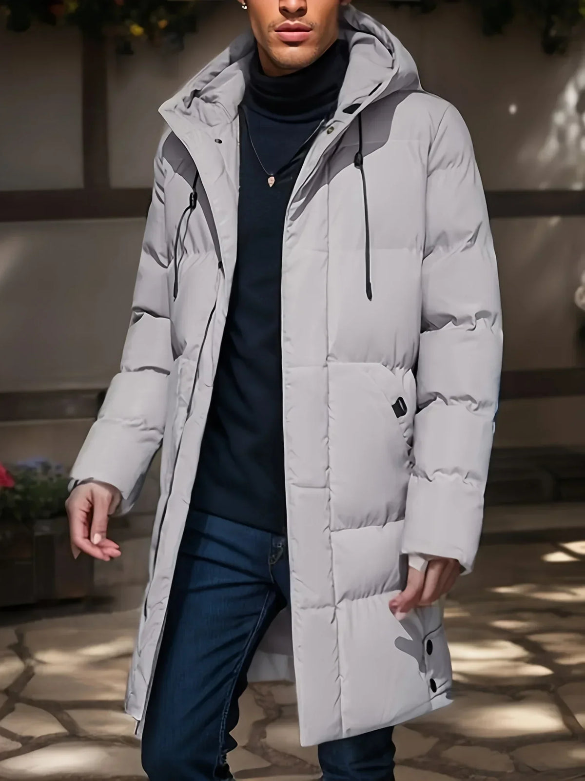 Herren Winter Steppmantel Lang mit Kapuze und Reißverschluss, Grau