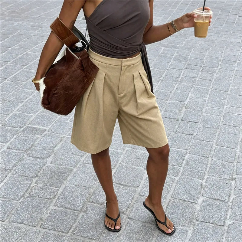 Damen Bermuda Shorts mit Bundfalten und weitem Bein
