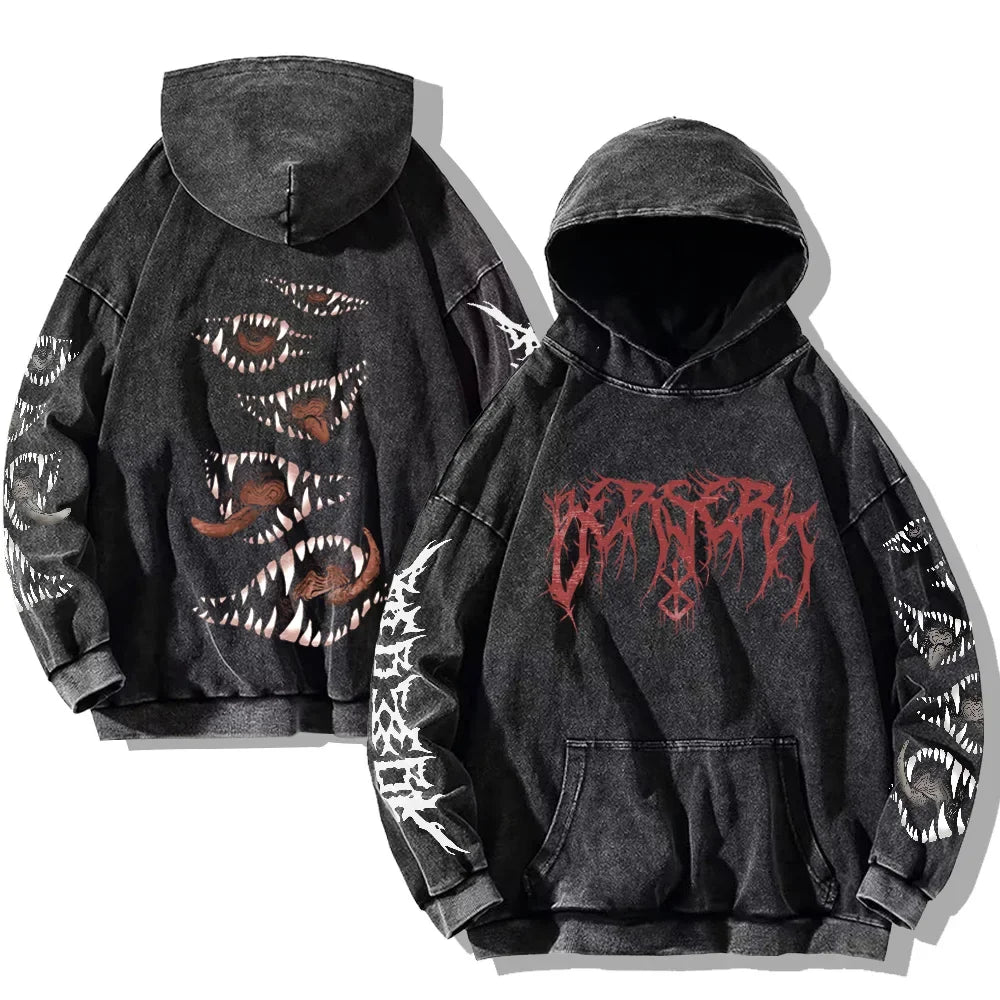 Oversized Kapuzenpullover Dunkelgrau mit Front- und Rückenprint und Ärmelprints