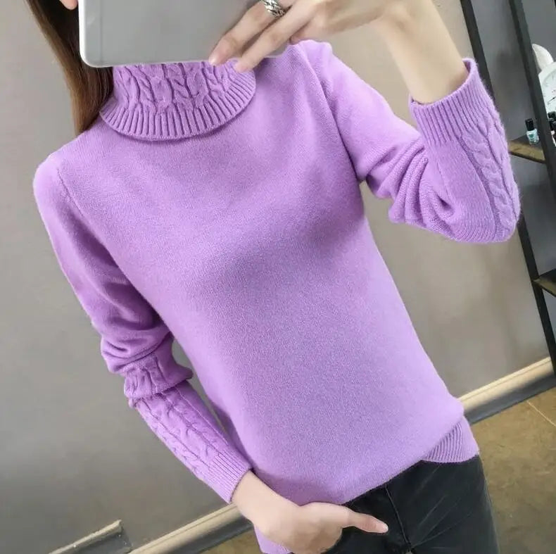 Damen Rollkragenpullover mit Zopfmuster Ärmeln und Hals - warmer Strickpullover