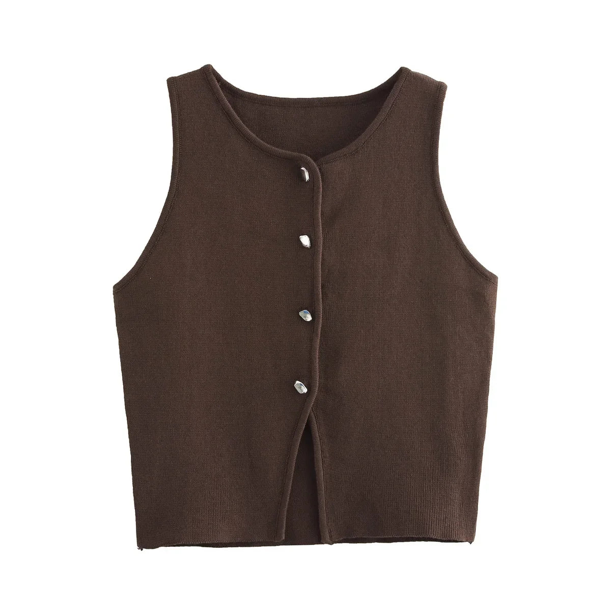 Damen Strick Crop Top Weste mit Knopfleiste Ärmellos Rundhals