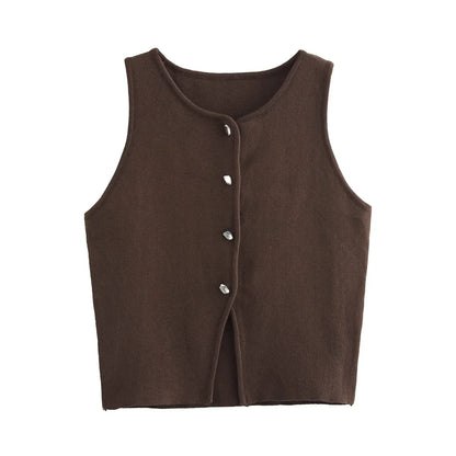 Damen Strick Crop Top Weste mit Knopfleiste Ärmellos Rundhals