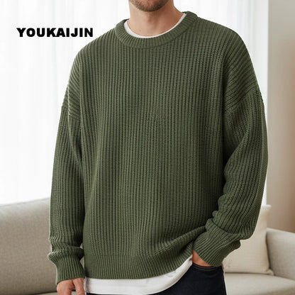 Herren Strickpullover Rundhals Weit Geschnitten Gerippte Bündchen