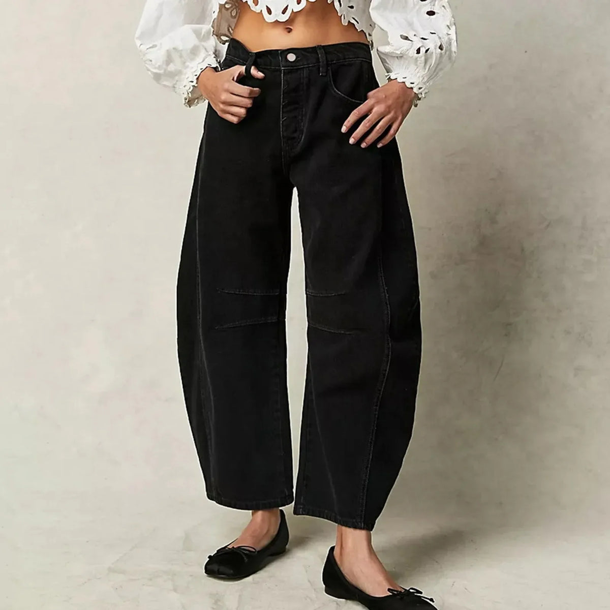 Damen Weite Hose Lockerer Schnitt Jeans Stil Hochbund mit Kniedetails