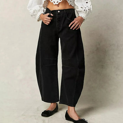 Damen Weite Hose Lockerer Schnitt Jeans Stil Hochbund mit Kniedetails