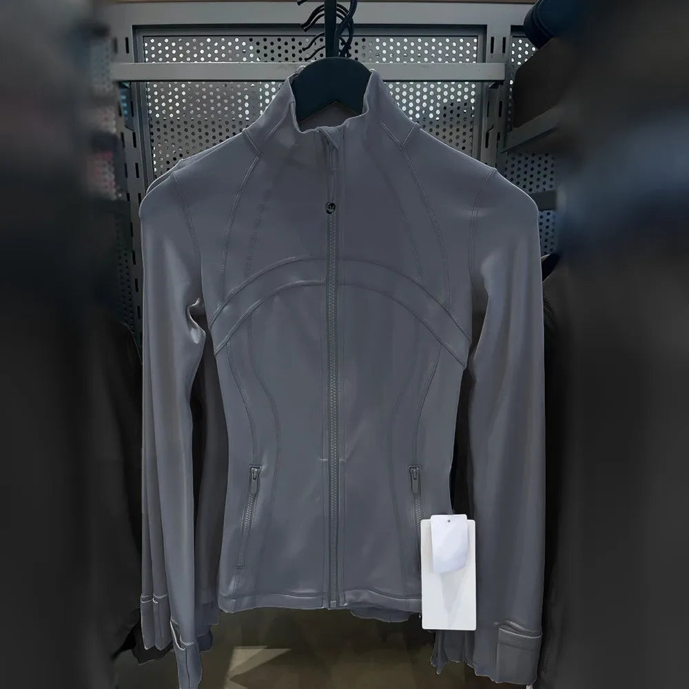 Damen Sportjacke mit Stehkragen, Reißverschluss und Daumenlöchern – Grau