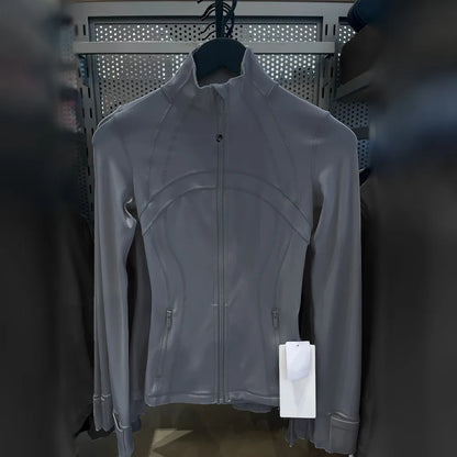 Damen Sportjacke mit Stehkragen, Reißverschluss und Daumenlöchern – Grau