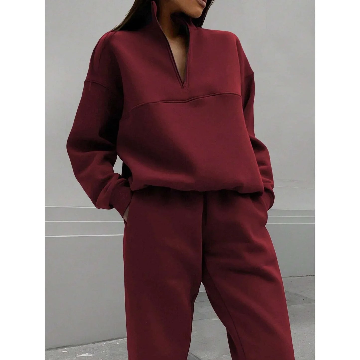 Damen Freizeit Zweiteiler Set – Bequemer Pullover mit Reißverschluss und Jogginghose, Lässiger Streetwear-Look für Alltag und Freizeit
