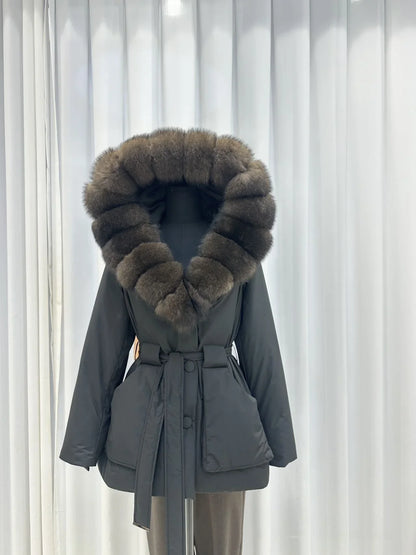 Damen Winterjacke mit Fellkapuze und Bindegürtel, Schwarz