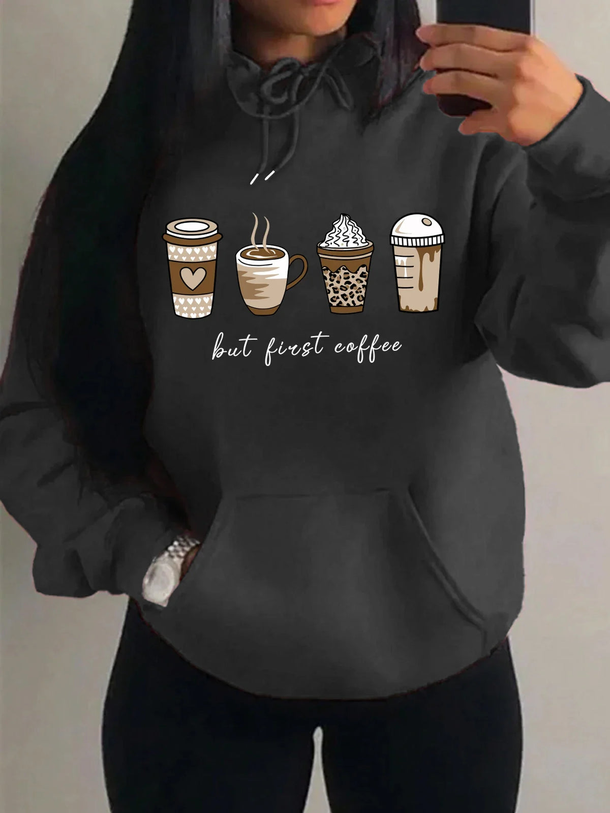 Damen Hoodie "But First Coffee" mit Kaffeetassen-Print Kapuzenpullover