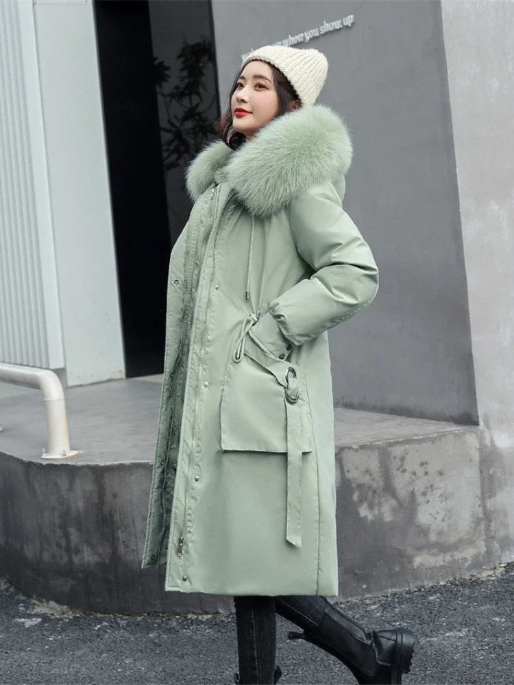Damen Winterparka mit Kunstfellkapuze Lang Mantel Steppjacke Kordelzug