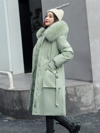 Damen Winterparka mit Kunstfellkapuze Lang Mantel Steppjacke Kordelzug